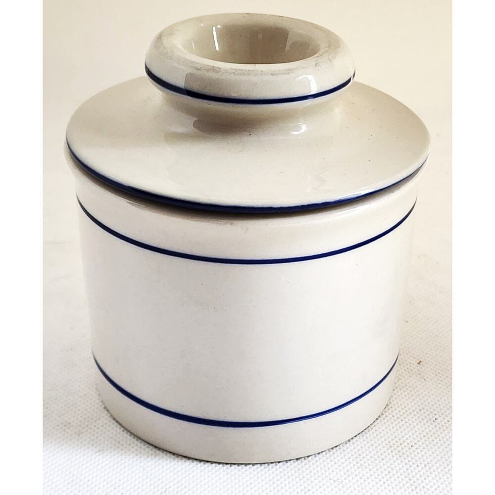BUTTER BELL-NORPRO-Cream with Navy Blue Strips-4.5 in high-Classic Butter Holder